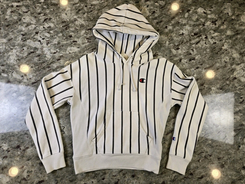 Vintage Champion Reverse Weave Womens Hoodie White Striped Size XS